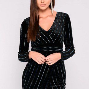 Fashion Nova 80's Inspired Velvet Long-Sleeve Black/Blue Dress- NWT- Medium